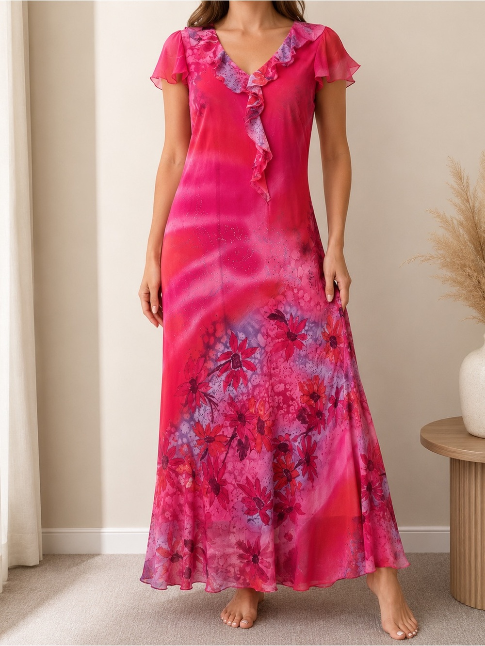 Vintage Hiroko petites red floral long dress, women's large